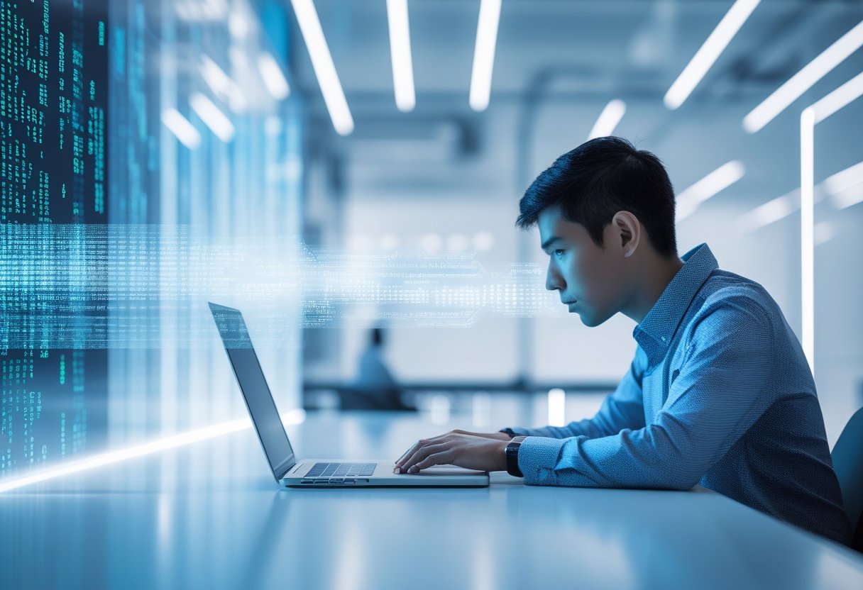 A person using a laptop at a desk with digital data streams and abstract AI elements surrounding them, symbolizing data being collected.