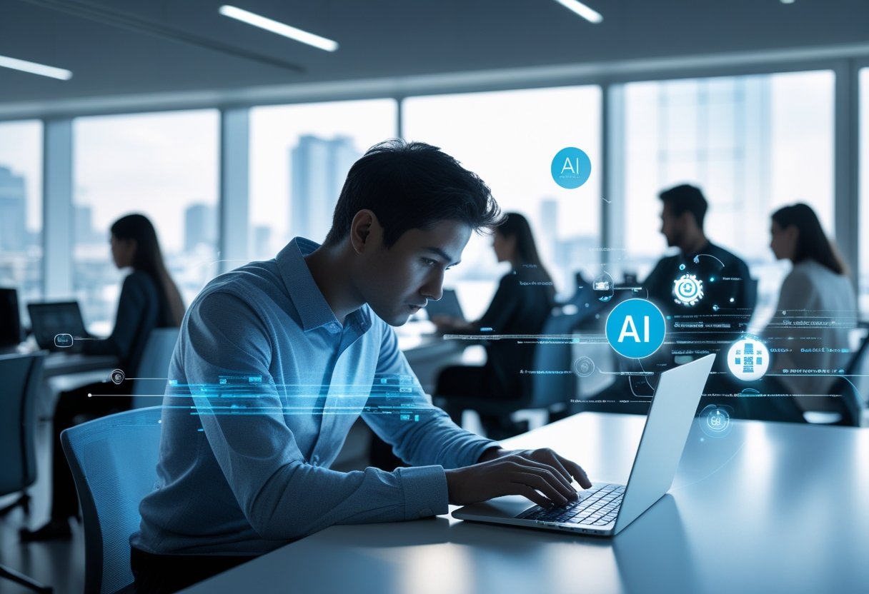 People working on laptops in a modern office with digital data streams overlaying the scene.