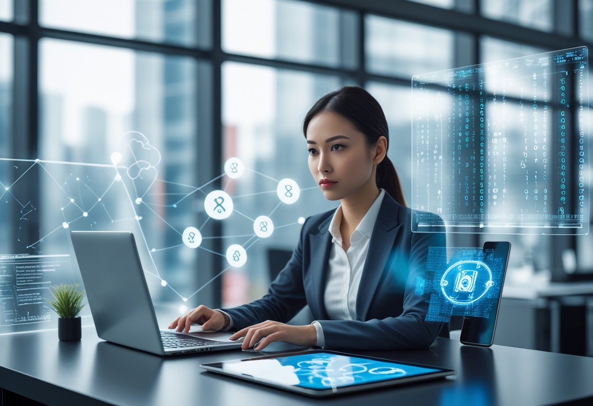 A businesswoman working at a desk with digital devices displaying data streams and holographic screens showing data connections and warning icons.