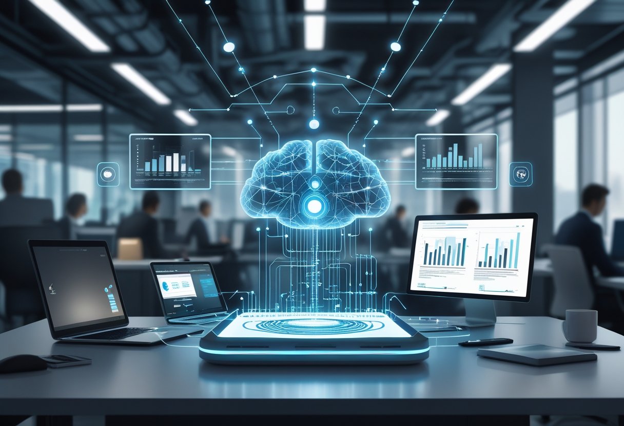 An office scene where an AI system is secretly extracting data from laptops and devices while business professionals work, with glowing digital streams flowing into a central AI core.