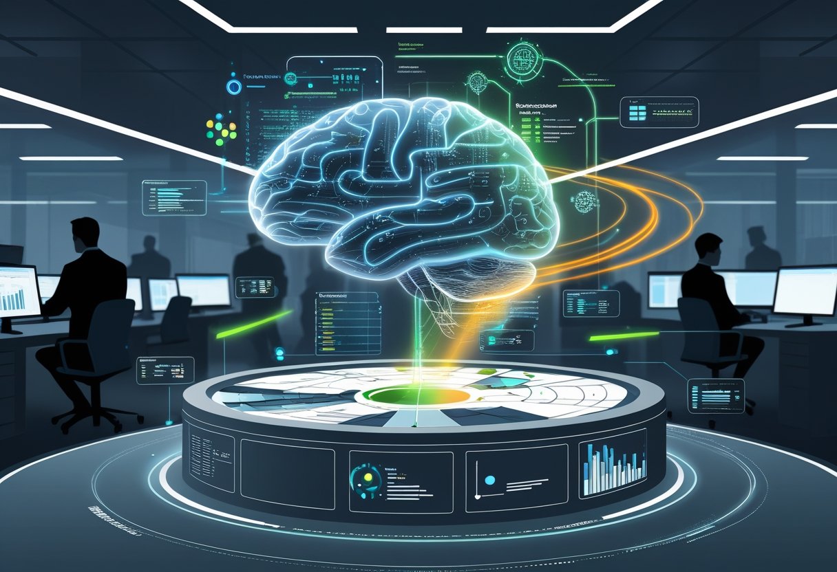 A digital brain above an open vault of business data with streams of data flowing into it, surrounded by holographic analytics and a corporate office background.