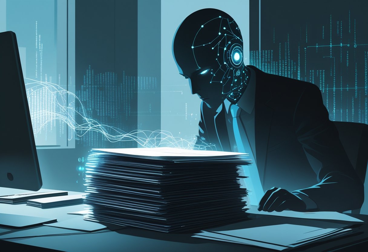 An office desk with confidential documents and a computer screen, with a shadowy digital figure connected to the papers by streams of data, symbolizing the risk of private information being accessed during AI training.
