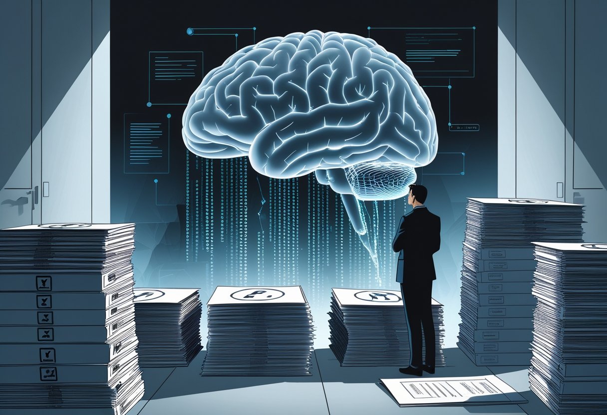 An office scene showing confidential documents exposed to a large AI brain symbol, with a concerned person watching nearby.