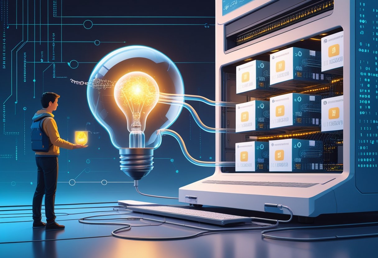 A person holding a glowing light bulb connected by digital streams to an AI machine that replicates the idea into multiple products.