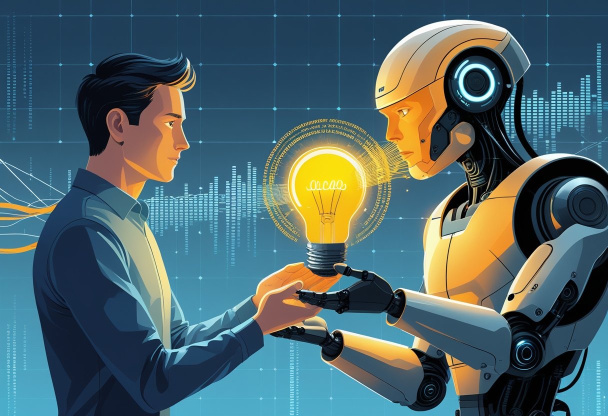 A person holding a glowing light bulb is having it taken by a large futuristic AI machine, with streams of data flowing between them.