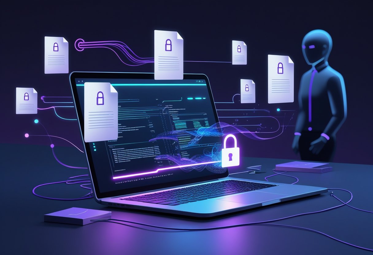 A laptop surrounded by floating documents with lock icons and an abstract AI figure observing them, symbolizing document privacy in AI tools.