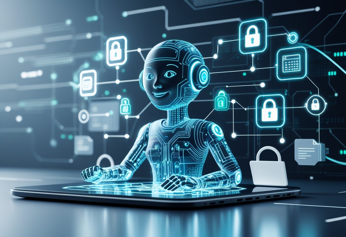 A digital scene showing an AI chatbot surrounded by floating icons of documents and locks, representing secure handling of private data.