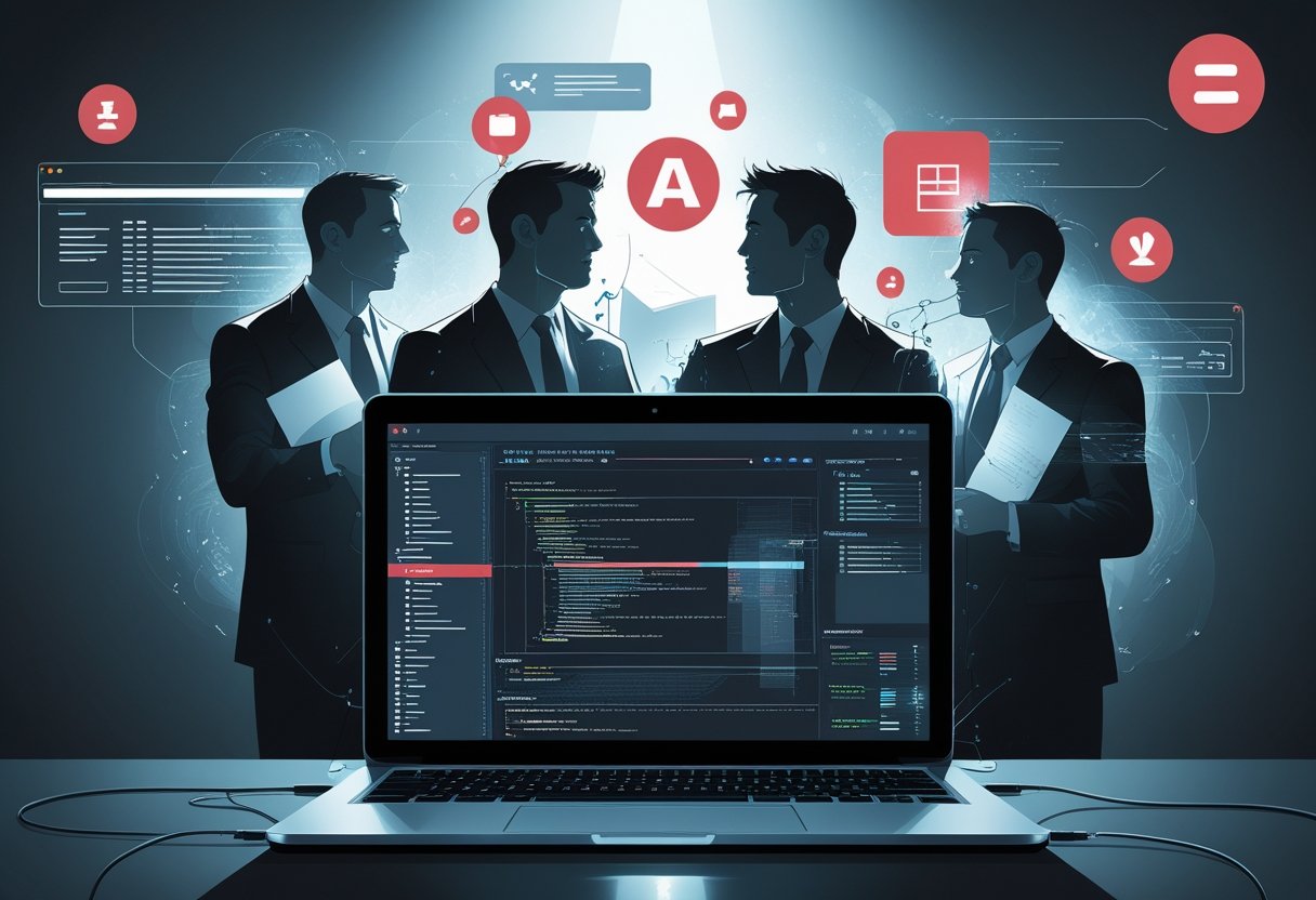 A corporate office scene showing a laptop with AI data streams and shadowy executives exchanging secret documents, while digital data leaks toward free AI tool logos in the background.