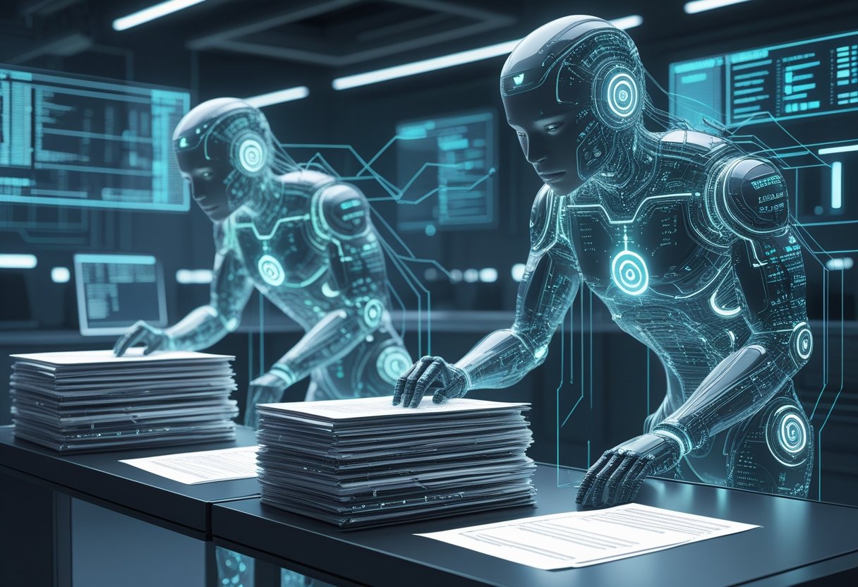 A futuristic office where large glowing AI figures analyze stacks of private documents connected by flowing data streams against a high-tech city background.