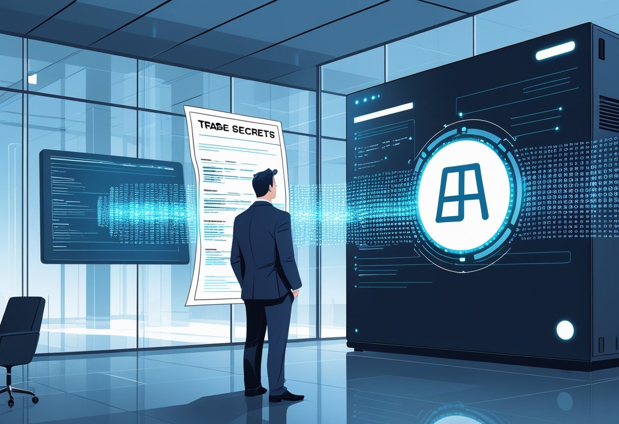 A businessperson watches confidential documents being converted into digital data streams flowing into a futuristic AI server in a modern office.