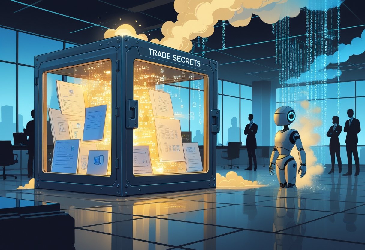 An office scene showing a secure vault with glowing documents and data streams flowing from it into a digital AI figure, symbolizing trade secrets becoming part of AI training data.