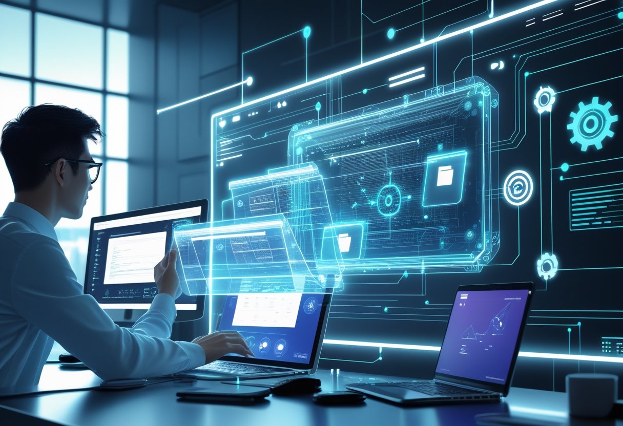 A user uploads digital files into a futuristic AI system where glowing data streams and neural network elements process the files in a modern workspace.